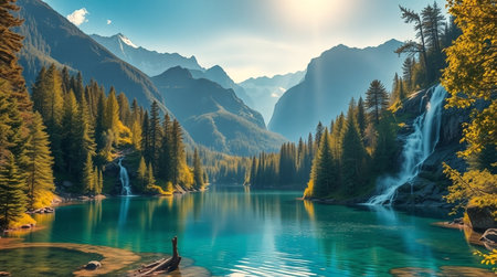 Fantastic panorama of turquoise alpine lake with waterfall and mountains on backgroundの写真素材