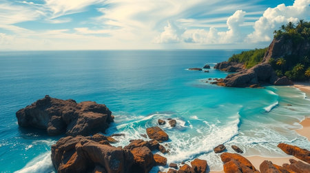 Aerial view of beautiful tropical beach with granite rocks, palm trees and turquoise ocean water. Seascape backgroundの写真素材