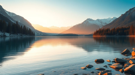 Mountain lake at sunset, Canadian Rockies, Alberta, Canada.の写真素材
