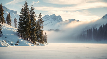 Beautiful winter landscape with frozen lake and snow covered fir trees.の写真素材