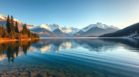 Mountain lake in the Canadian Rockies at sunset. Concept of active and photo tourismの写真素材