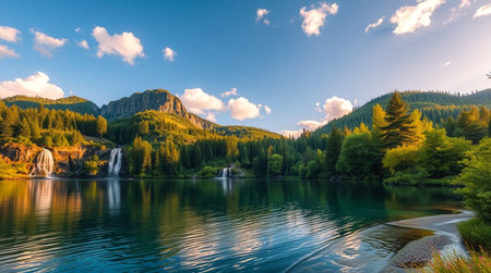 Panoramic view of a natural landscape with mountains, forest, and a serene lakeの写真素材