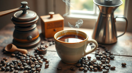 Coffee cup and coffee beans on a wooden table. Coffee backgroundの写真素材