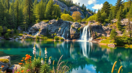 Beautiful turquoise colored lake with waterfall in the mountains.の写真素材