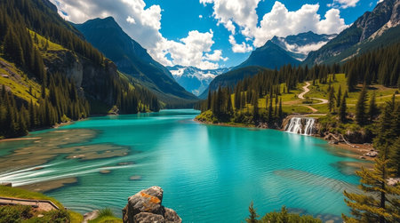 Panoramic view of the beautiful turquoise lake in the mountains