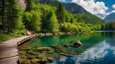 Mountain lake in the Alps with clear water and a wooden pathの写真素材