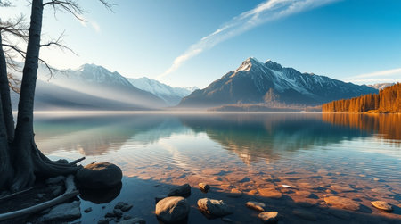 panoramic view of alpine lake with reflection of mountains and blue sky