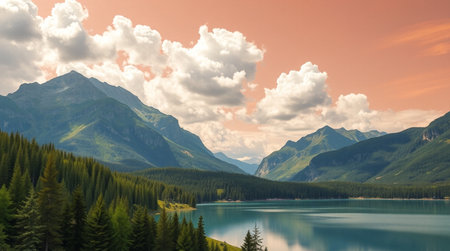 Beautiful mountain lake in the mountains. Landscape with lake and forest.の写真素材