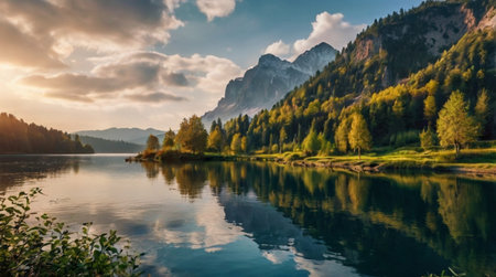 Panoramic view of the alpine lake, Austriaの写真素材