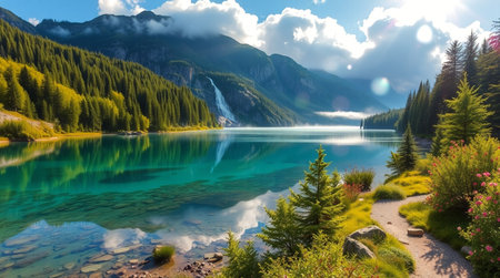 Panoramic view of turquoise lake in the mountains.