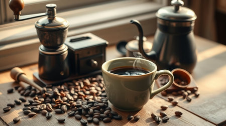 Cup of coffee, grinder and coffee beans on wooden tableの写真素材