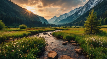 Panoramic view of mountain river and valley at sunset in summer.の写真素材