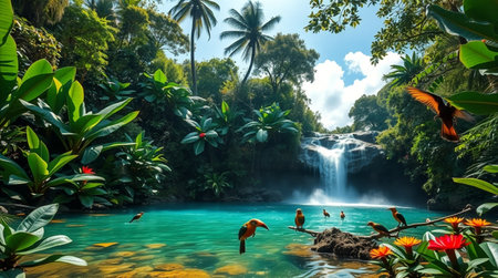 Tropical waterfall in rainforest. Waterfall in jungle.の写真素材