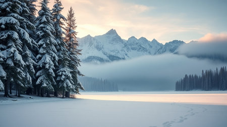 Foggy winter landscape with frozen lake and mountains in the backgroundの写真素材