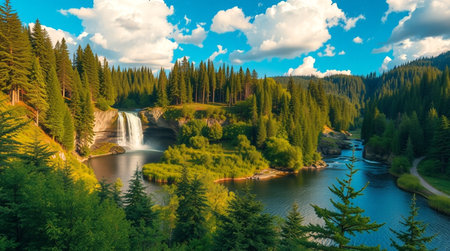 Panoramic view of the mountain river with a waterfall in the forestの写真素材