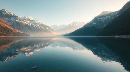 Mountains reflected in the calm waters of Lake Wakatipuの写真素材