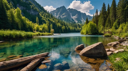 Panoramic view of idyllic alpine lake with crystal clear turquoise water, forest and high mountains in backgroundの写真素材