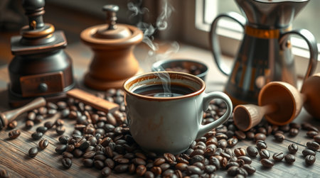 Coffee in a cup and saucer on a wooden tableの写真素材
