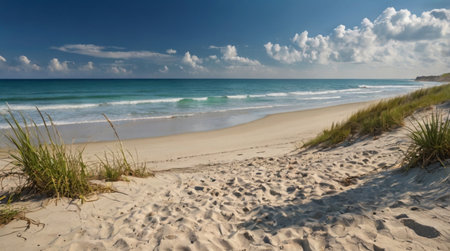 Panoramic view of sand dunes and turquoise seaの写真素材