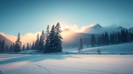 Beautiful winter landscape in the mountains. Sunrise in the mountains.の写真素材