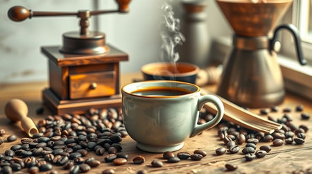 Coffee in a cup and saucer on an old backgroundの写真素材