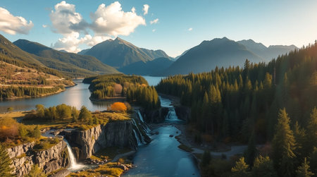 Aerial view of beautiful mountain landscape with river and forest at sunriseの写真素材