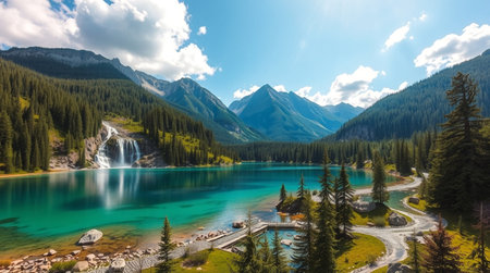 Panoramic view of beautiful turquoise lake in the mountains
