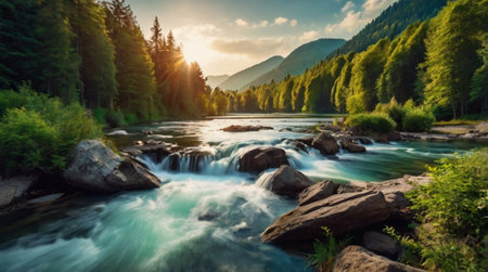 Mountain river landscape with rapids. Mountain river in the mountains.の写真素材