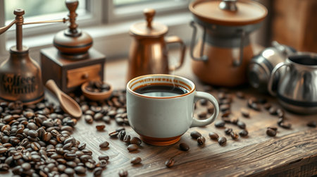 Cup of coffee and coffee beans on wooden table, closeupの写真素材