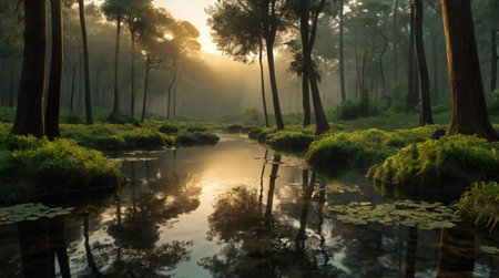 Pine forest and river in the morning, Taipei, Taiwanの写真素材