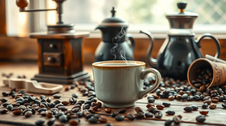 Coffee cup and coffee beans on wooden table. Coffee backgroundの写真素材