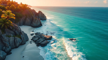 Aerial view of beautiful tropical beach with turquoise water, granite rocks and palm trees. Seascape at sunset. Nature backgroundの写真素材