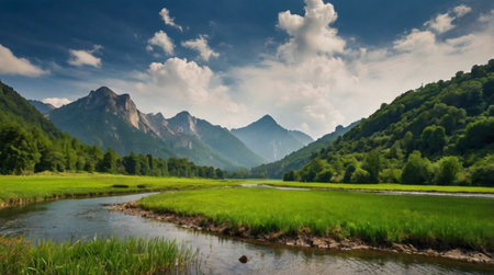 Panoramic view of the river and the mountains. Summer landscape.の写真素材