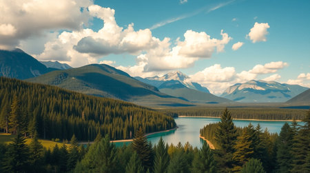 Beautiful panoramic view of alpine lake and mountains in summer