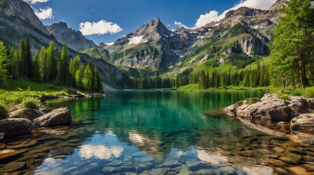 Beautiful alpine lake with crystal clear water and mountains in backgroundの写真素材