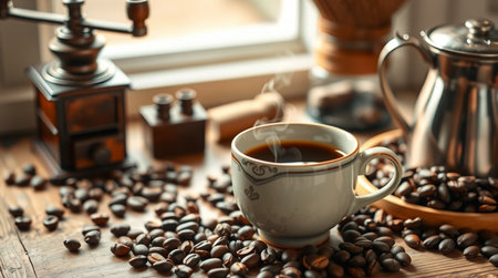 Cup of coffee and coffee grinder on wooden table near windowの写真素材