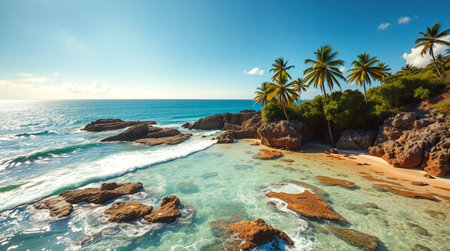 Panoramic view of a beautiful tropical beach with palm trees and rocksの写真素材