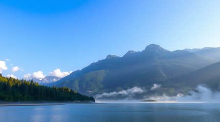 Panoramic view of the mountain lake in the morning fog.の写真素材