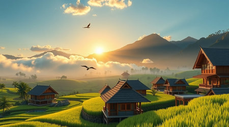 Terraced rice field with wooden house and birds at sunset.の写真素材