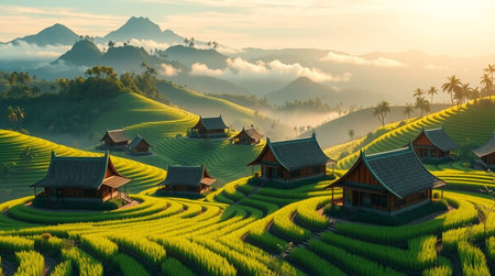 Terraced rice field in a scenic location with traditional houses.の写真素材