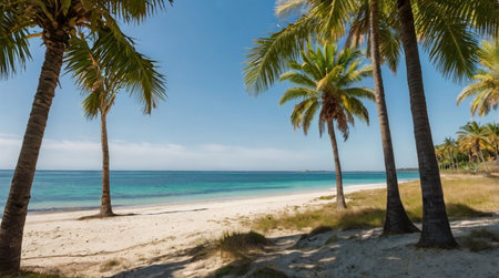 Tropical beach with palm trees and sand on the Caribbean coastの写真素材