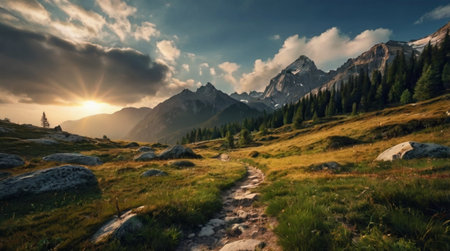 panoramic view of the alps in italy at sunsetの写真素材