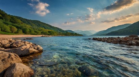 Panoramic view of a mountain lake at sunset. Beautiful summer landscape.の写真素材
