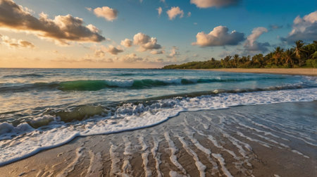 Tropical beach at sunset, Sri Lanka. Panoramic viewの写真素材
