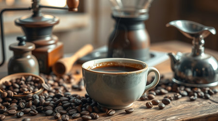 Coffee cup and coffee beans on wooden table, closeupの写真素材