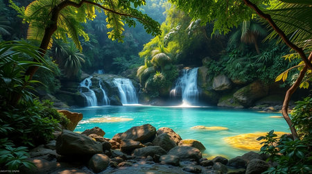 Beautiful waterfall in tropical forest. Waterfall in the jungle.の写真素材