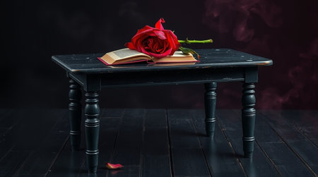 Red rose on a black wooden table with a book and a red roseの写真素材