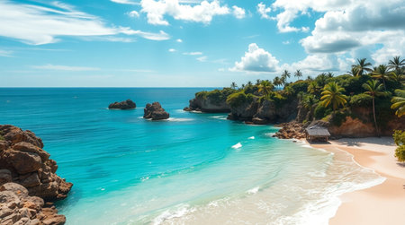 Beautiful panoramic view of the beach with turquoise water, blue sky and white cloudsの写真素材