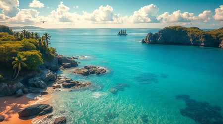 Aerial view of beautiful beach and sea with blue sky background.の写真素材