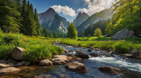 Panorama of a mountain river in Dolomites, Italy.の写真素材